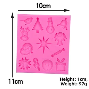 Détails du moule en silicone rose avec 12 motifs de Noël tels que renne et bonhomme