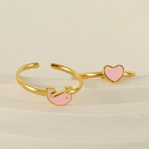 Adjustable golden open rings with pink enamel whale and heart charms for women
