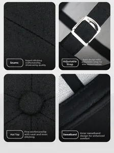 Detail view of black baseball cap with metal buckle strap and reinforced stitching