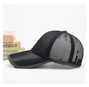 Side view of black mesh baseball cap with breathable fabric for outdoor sun protection