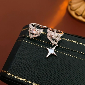 Close-up of silver star earrings with white zircon on a dark green leather jewelry box