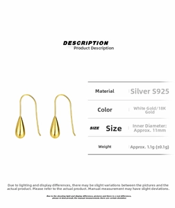 Detail view of S925 sterling silver water drop earring with gold finish and dimensions