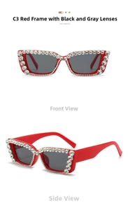 Detail view of red square sunglasses with white rhinestones and black gray lenses