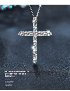 Detail of S925 silver cross pendant with 3EX cut moissanite and 58 facets