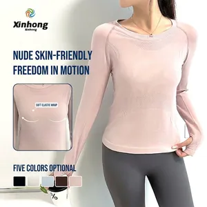 T-Shirt de Yoga sans Couture pour Femme Coupe Ajustée Manches Longues Top de Sport Respirant avec Passe-Pouces pour la Course le Fitness et la Gym