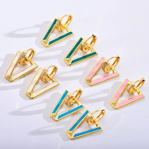 Detailed set of V-shaped enamel earrings in green, white, pink and blue with crystals