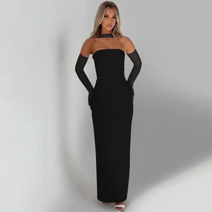 Elegant black strapless evening gown with mesh gloves and matching neck strap accessories