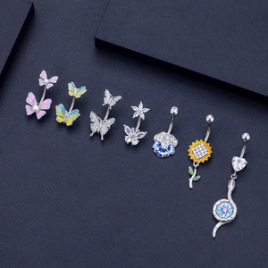 Zircon belly rings collection featuring enamel butterfly flower and snake pendant designs