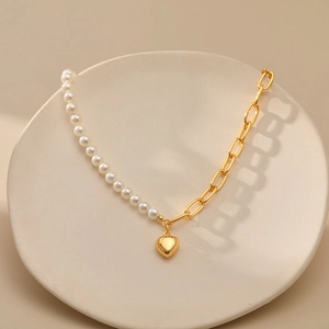 French Style Heart Pendant Necklace Copper Shell Artificial Pearl Paperclip Chain Patchwork Elegant Jewelry For Women