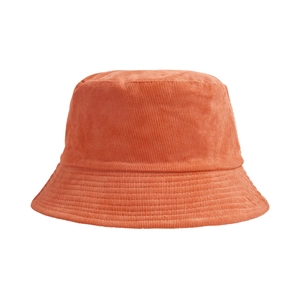 Detail of orange corduroy bucket hat featuring thick ribbed fabric and flat top design