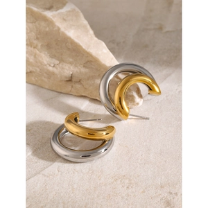 Two-tone 18k gold and silver stainless steel layered C-shape hoop earrings for women