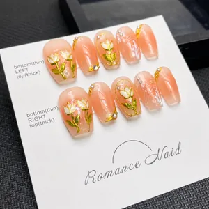 Handgefertigte Press-on-Nägel mit rosa Verlauf, 3D-Tulpen-Design und Perlen-Akzenten