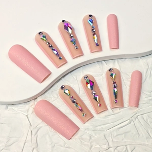 Pink glitter press on nails with luxury crystals in a long coffin shape 10pcs set