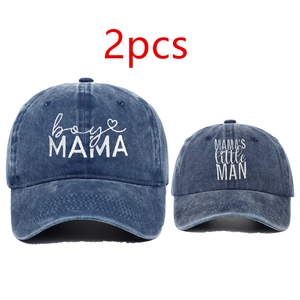 2pcs matching denim baseball caps set with MAMA and Little Man white embroidery