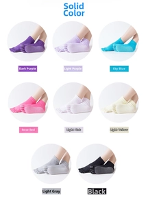 Detail view showing eight color options for non-slip five-finger open-back yoga socks