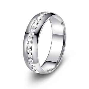 Macro view of eternity ring with row of sparkling round-cut crystals in channel setting
