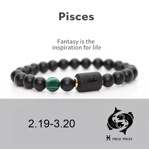 Detail of Pisces constellation bracelet with matte black onyx and green malachite beads