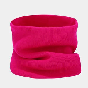 Close-up of vibrant pink knitted neck warmer showing vertical ribbed texture details