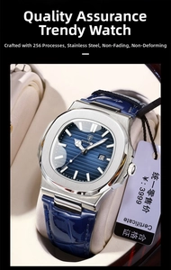 Macro view of ultra-thin steel watch with blue textured dial and leather strap
