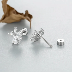 Silver drop zircon stud earrings with screw back design and flower cluster details
