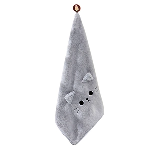 Gray coral fleece cat hand towel with hanging loop for bathroom and kitchen use