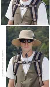 Detail of khaki outdoor sun hat with wide brim, adjustable cord and compass charm