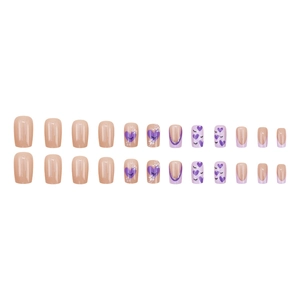 French style purple heart and eyelash pattern press-on nails set with 24 pieces