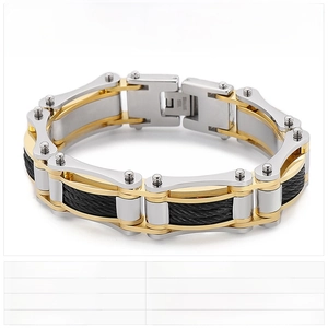 Detail of two-tone stainless steel punk chain bracelet with black wire rope inlay