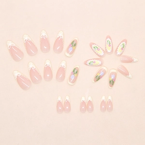 Press on nails with French tulip hand-painted floral design and sweet lace bow details