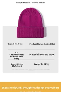 Detailed spec chart of purple knitted cashmere beanie with double cuffs and size dimensions