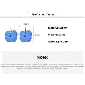 Detail specifications of blue matte flower alloy earrings showing 3.5cm by 3.7cm size