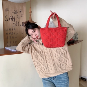 Quilted bunny pattern red handbag in soft lightweight nylon for casual daily use