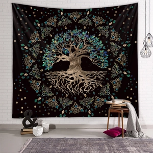 Detailed Tree of Life tapestry with golden trunk hanging on a white brick wall