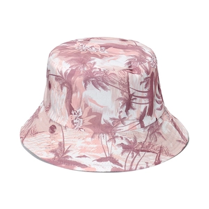 Reversible tropical coconut tree print bucket hat for men with pink sun protection fabric