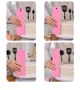 Pink cake scrapers set with serrated and straight edges for icing and texture effects