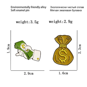 Detailed dimensions of money bag and hand holding dollar soft enamel pins in alloy