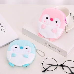 Plush penguin coin purses in pink and blue with embroidery and metal chain hooks