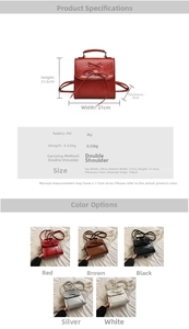 Detailed size chart and multi-color view of mini PU leather backpack with bow accent
