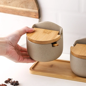 Japanese style ceramic seasoning jar set with bamboo lids and tray in beige stone finish