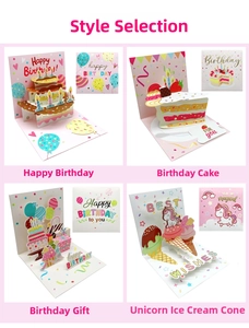 Grid view of 4 unique 3D pop-up birthday cards with detailed paper carvings and envelopes