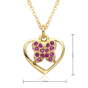 Detailed dimension view of heart-shaped gold necklace with magenta butterfly inlay