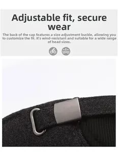 Detail of adjustable metal buckle on dark grey winter baseball cap for secure custom fit