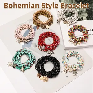 Bracciale Multistrato Bohemien In Perline Di Vetro Con Pendenti Albero Della Vita Foglia Lega Elastico Gioielli Da Donna
