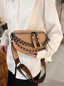 Fashionable camel crocodile texture waist bag with black chains and wide strap crossbody style