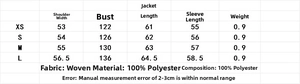 Detailed size chart for polyester jacket showing measurements in centimeters and grams