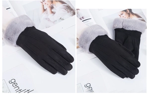Detail of winter suede gloves featuring warm faux fur cuffs and touchscreen fingertips