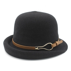 Elegant black wool cloche hat for women featuring a brown leather band and gold buckle