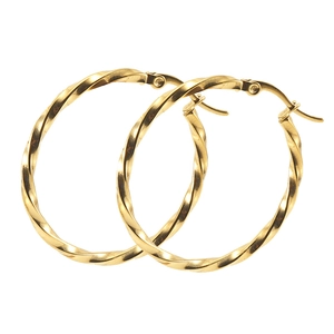 Polished 18K gold plated stainless steel hoop earrings with unique twisted ripple design