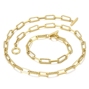 Gold stainless steel jewelry set with chunky square links and OT toggle clasp