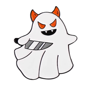 Cartoon white ghost enamel pin with orange horns holding a knife for Halloween accessory